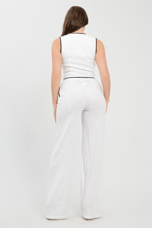 Linen Slub Front Button Vest Top And Pants Set
